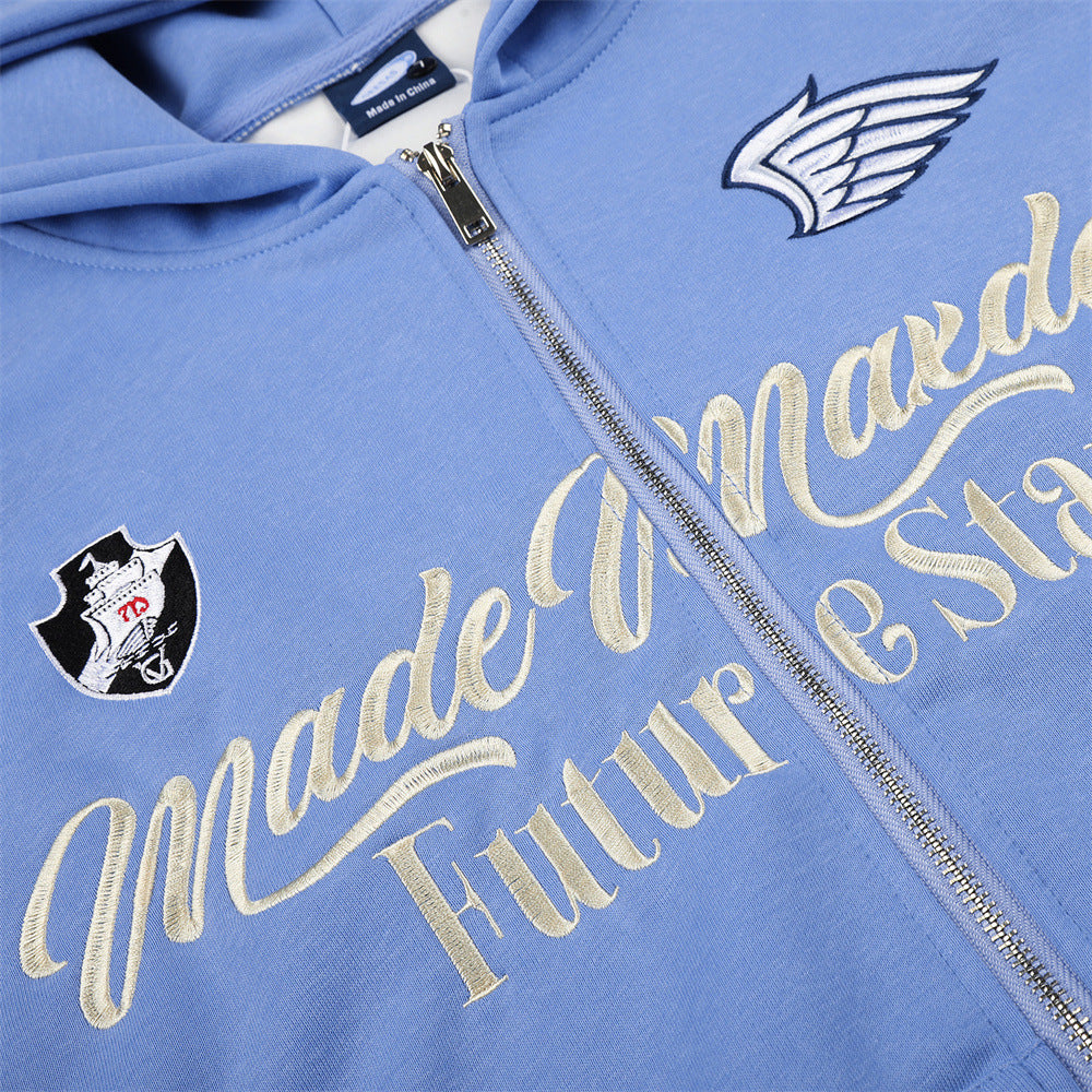 Embroidered Zip-Up Hoodie – Oversized Streetwear Varsity Style