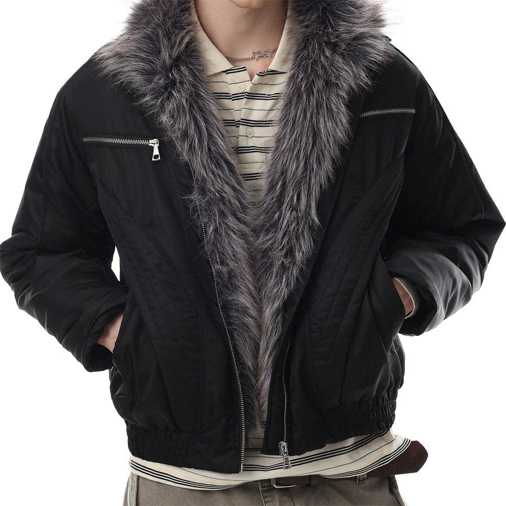 Men's padded bomber jacket with faux fur collar and quilted stitch detail in black, shown open to reveal fur lining