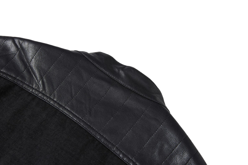 Boxy Moto Jacket – Black Denim & PU Leather Panel Biker Jacket