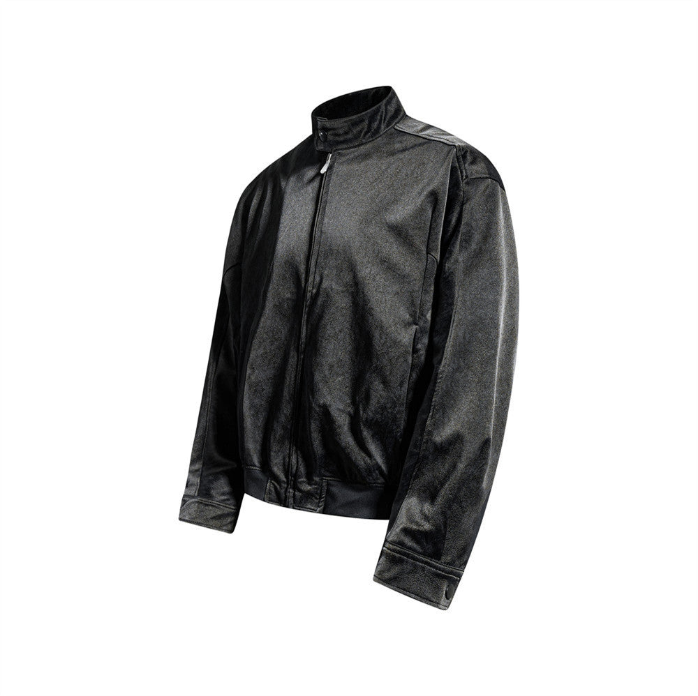 Blouson bomber homme oversize en similicuir PU – Col montant et zip intégral