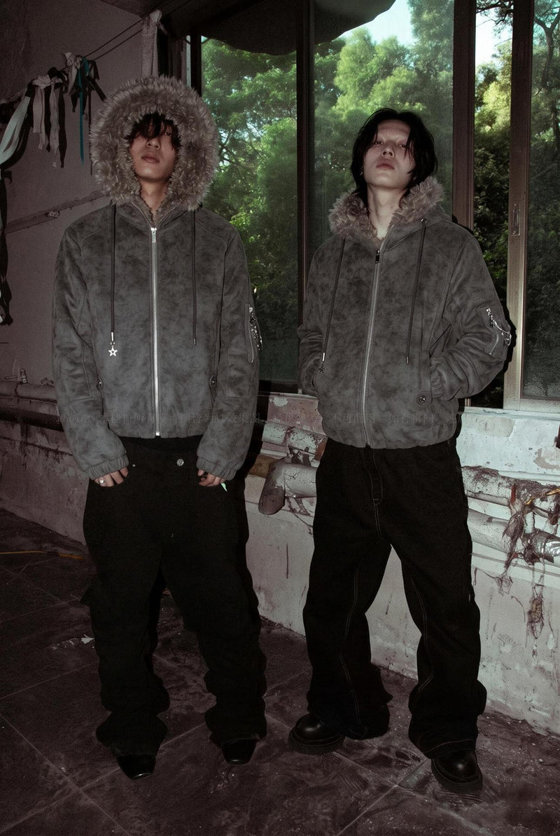 Veste bomber à capuche – Similicuir effet usé, col en fausse fourrure et garnissage matelassé