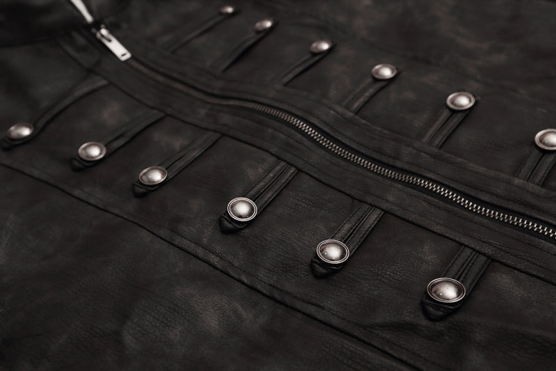 Jacke im Military-Stil aus besticktem PU-Leder – Schwarz, Used-Look und Stehkragen