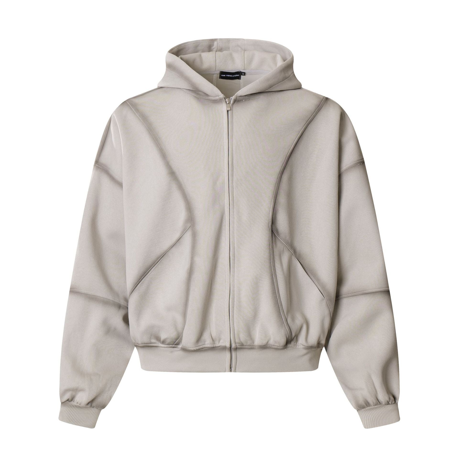 Sudadera con capucha extragrande de hombre, con cremallera completa, en gris lavado, costuras diagonales en los paneles y puños de canalé, vista frontal