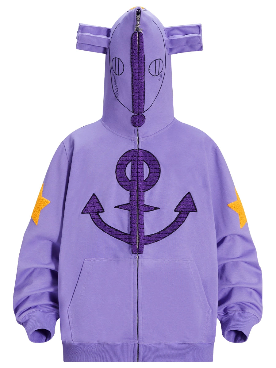 Purple Symbol Hoodie - 400GSM Oversized Anime Zip-Up Sweatshirt with Star and Ear Design