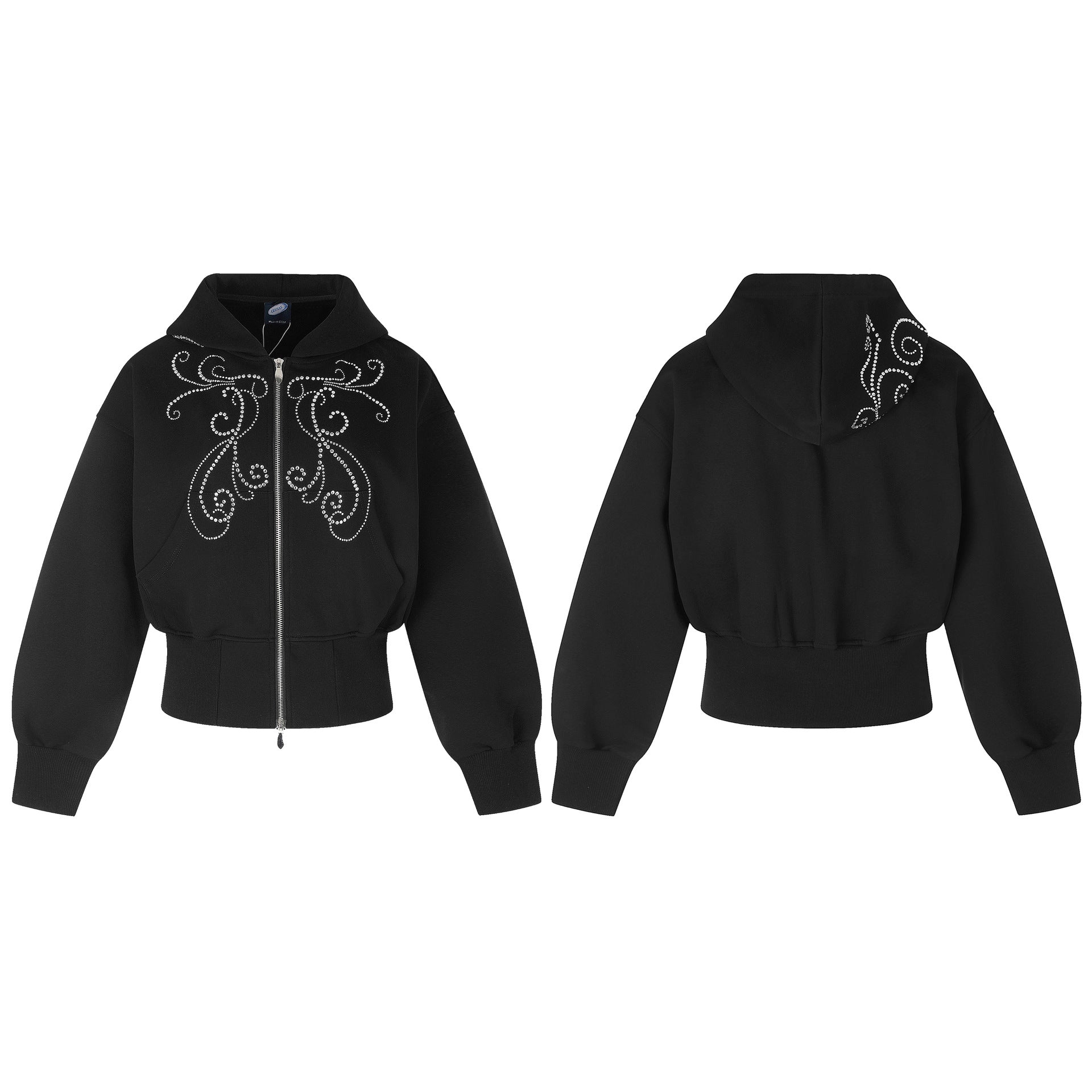 Hoodie zippé court à strass et motif arabesque – Noir