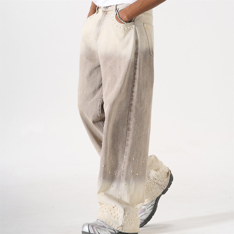Wide-Leg Jeans – Gradient Tie-Dye Wash with Pearl Bead Embellishments