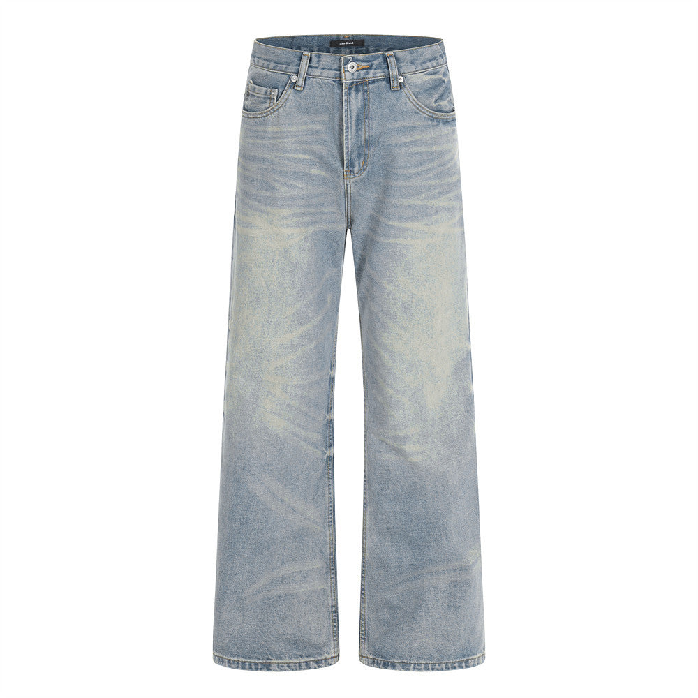 Men's wide-leg straight jeans in light blue sand-washed vintage denim, front and back view