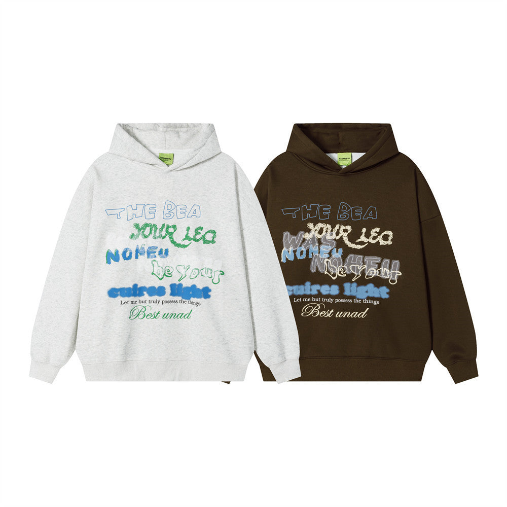 Oversized Graphic Letter Print Fleece-Lined Pullover Hoodie