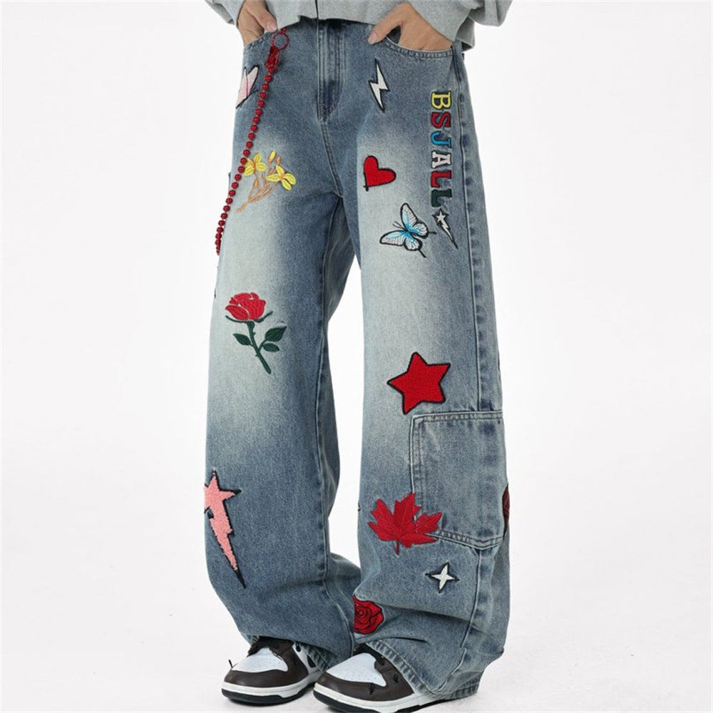 Wide-Leg Jeans with Embroidered Patches – Stars, Butterflies & Roses on Washed
