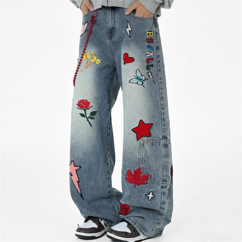 Wide-Leg Jeans with Embroidered Patches – Stars, Butterflies & Roses on Washed
