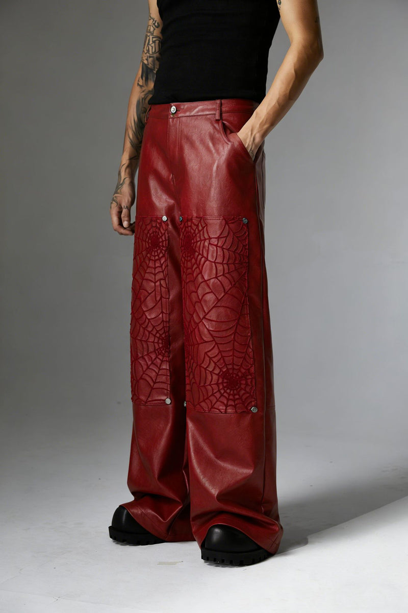 Wide-Leg Faux Leather Pants with Spiderweb Embossed Panels