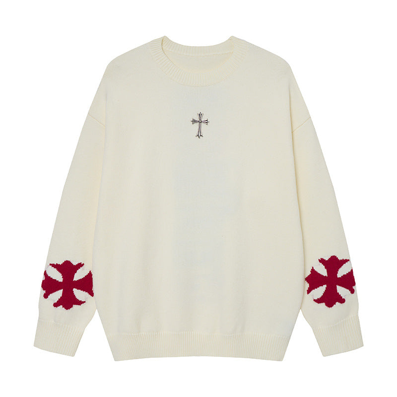 Gothic-Cross-Jacquard-Strickpullover mit Rundhalsausschnitt – Oversized
