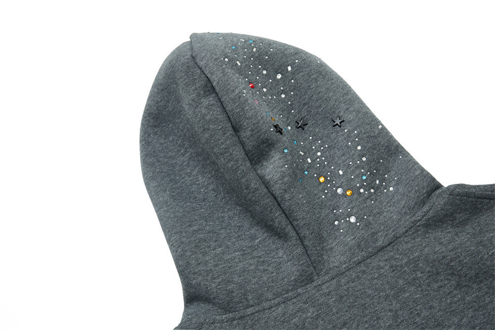 Herren-Zip-Hoodie aus Oversized-Fleece mit Strasssteinen und Galaxie-Sternen