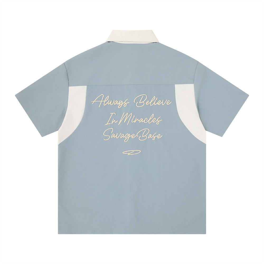 Colorblock Embroidered Short Sleeve Shirt – Men's Street Style Button-Up
