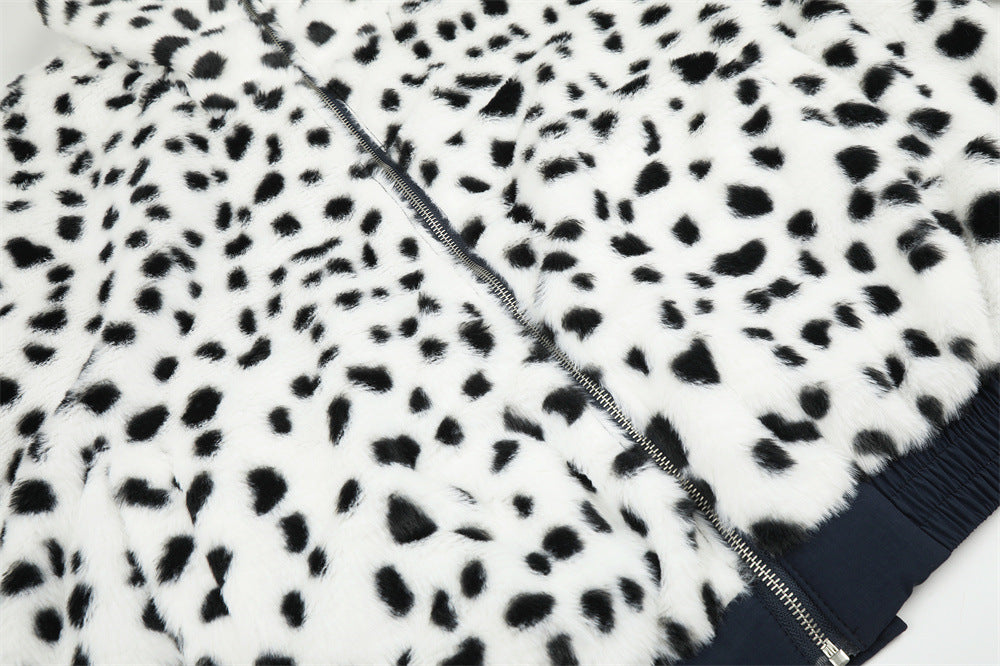 Reversible Stand-Collar Jacket Men's Dalmatian Faux Fur & Nylon Oversized Bomber