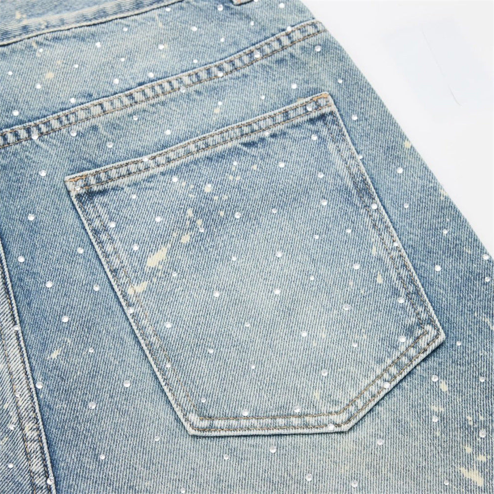 Wide-Leg Paint Splatter Jeans – Men's High-Street Light Blue Washed Denim