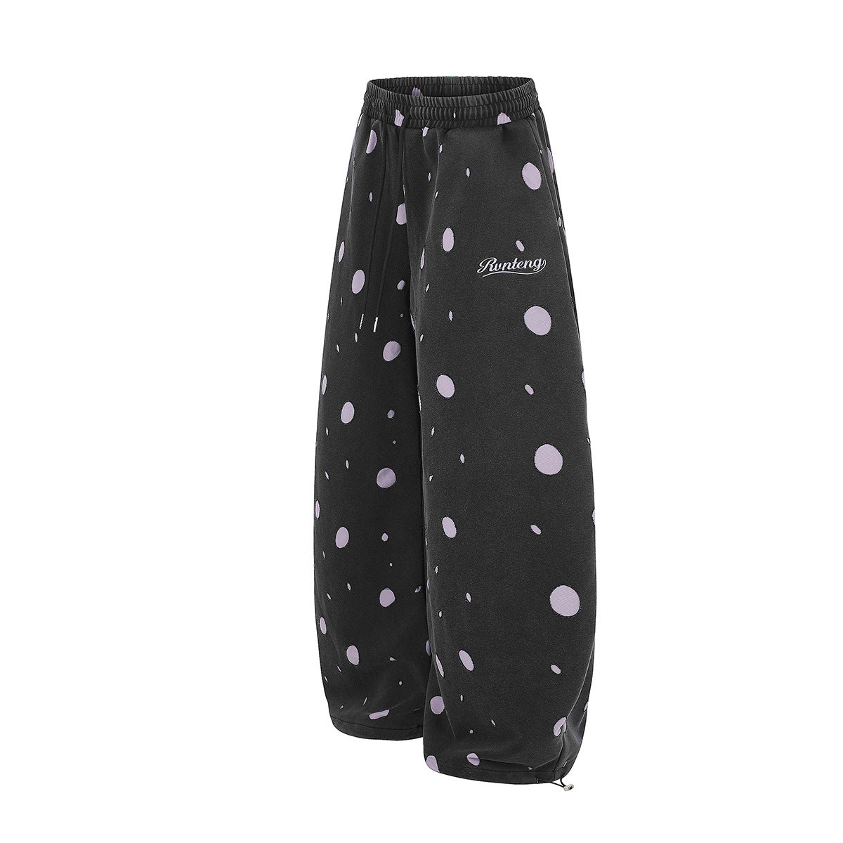 Wide-Leg Sweatpants Black Polka Dot Print Elastic Waist Drawstring