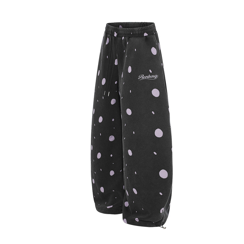 Wide-Leg Sweatpants Black Polka Dot Print Elastic Waist Drawstring