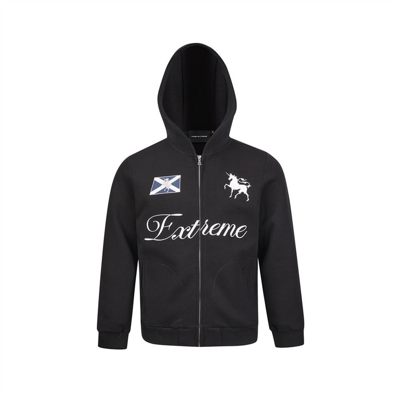 Men's black zip-up hoodie with script Extreme lettering, unicorn graphic, and Scottish Saltire flag patch on chest