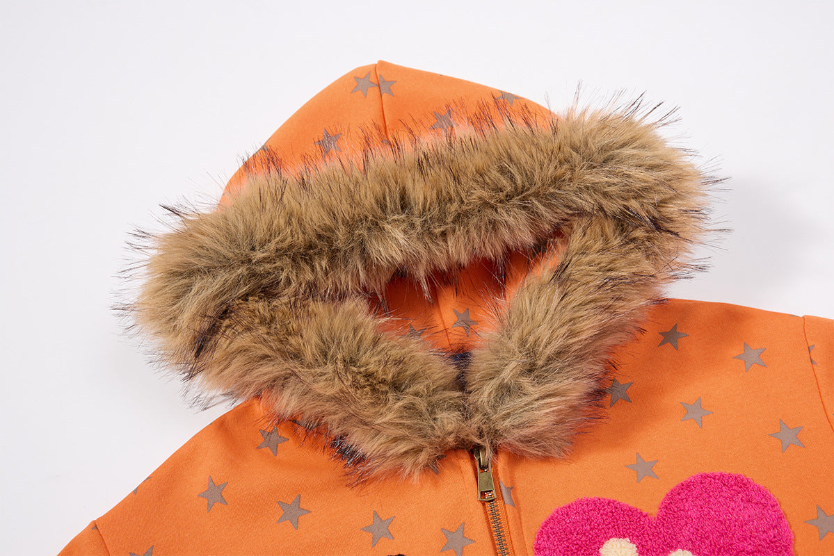 Hoodie zippé à motif étoiles, capuche bordée de fausse fourrure et motif « I ♥ Me »