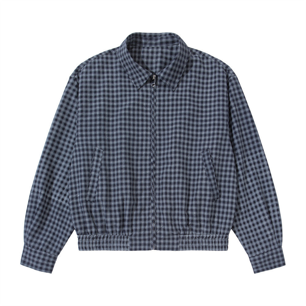 Relaxed-fit navy gingham check zip-up harrington jacket with point collar and elasticated hem, front and back view