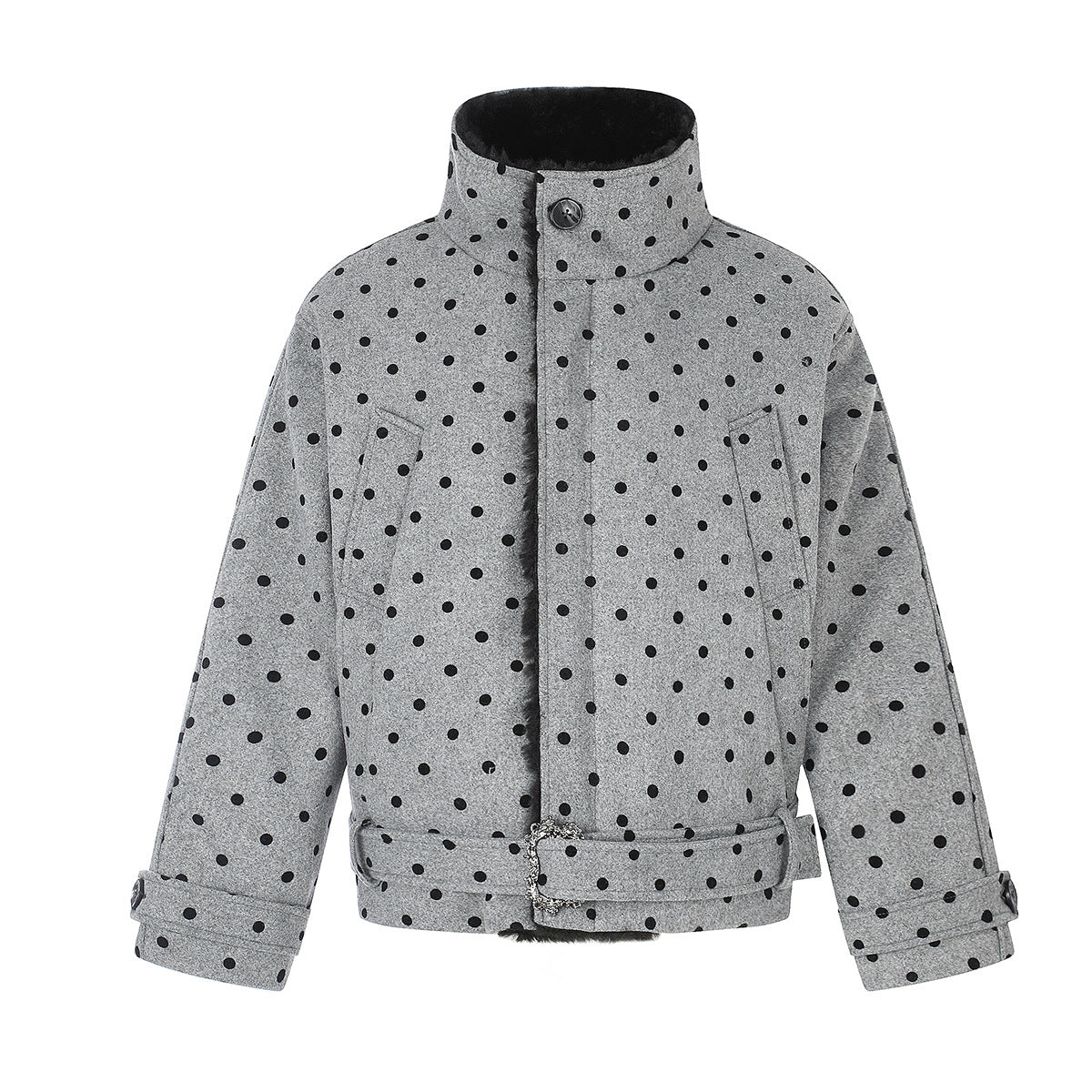 Polka Dot Wool-Blend Jacket with Faux Fur Collar – Oversized Retro Outerwear