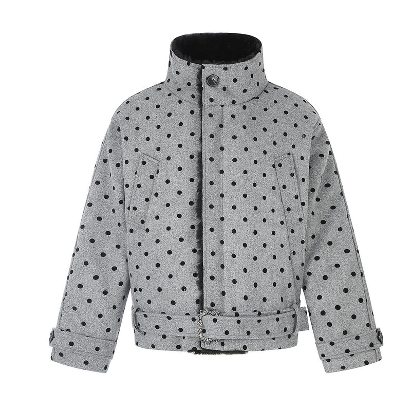 Polka Dot Wool-Blend Jacket with Faux Fur Collar – Oversized Retro Outerwear