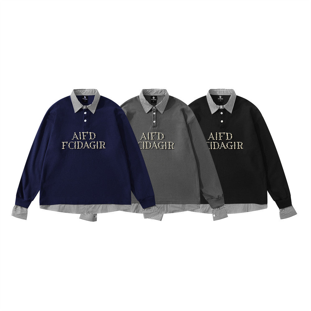 Men's Faux-Layered Polo Sweatshirt with Pearl Stud Letters and Striped Collar
