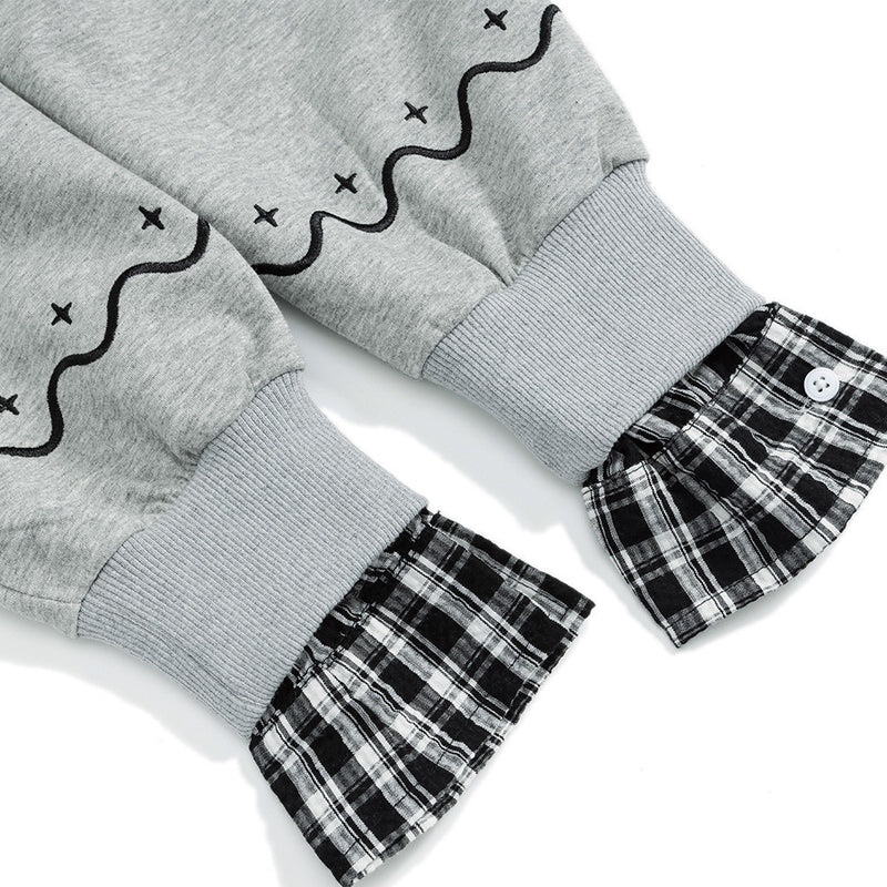Layered-Look Plaid Collar Sweatshirt with Cartoon Sheep Appliqué