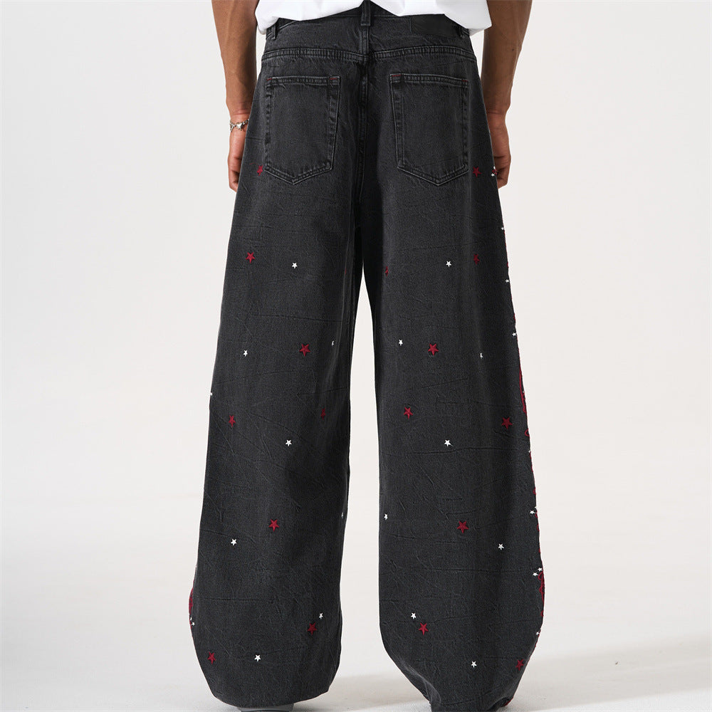 Star Embroidered Wide-Leg Jeans – Washed Black Denim with Side Floral Detail