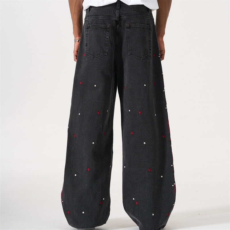 Star Embroidered Wide-Leg Jeans – Washed Black Denim with Side Floral Detail