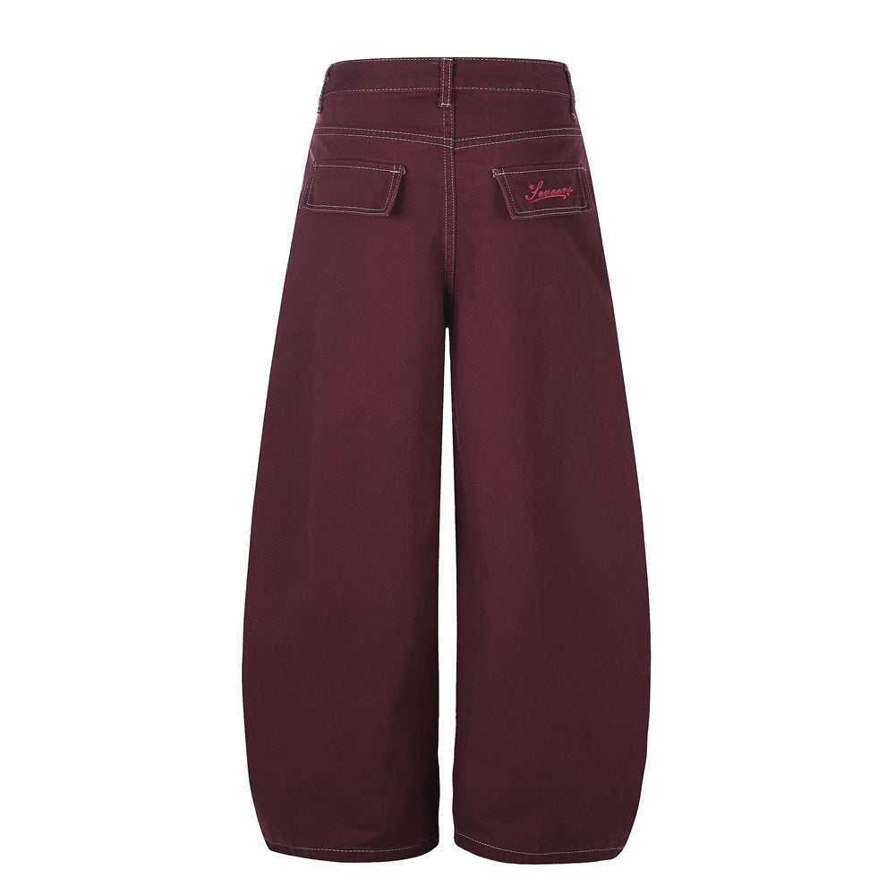 Wide-Leg Pleated Trousers – Curved Barrel Fit with Contrast Stitching