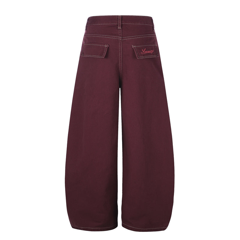 Wide-Leg Pleated Trousers – Curved Barrel Fit with Contrast Stitching