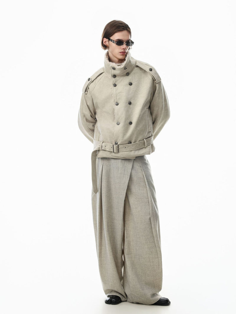 Double-Breasted Shearling-Collar Padded Jacket with Waist Belt
