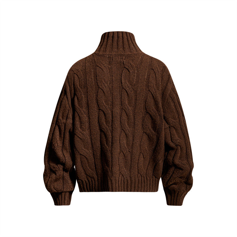 Pull homme en maille torsadée à col montant zippé – Pull oversize à patte boutonnée