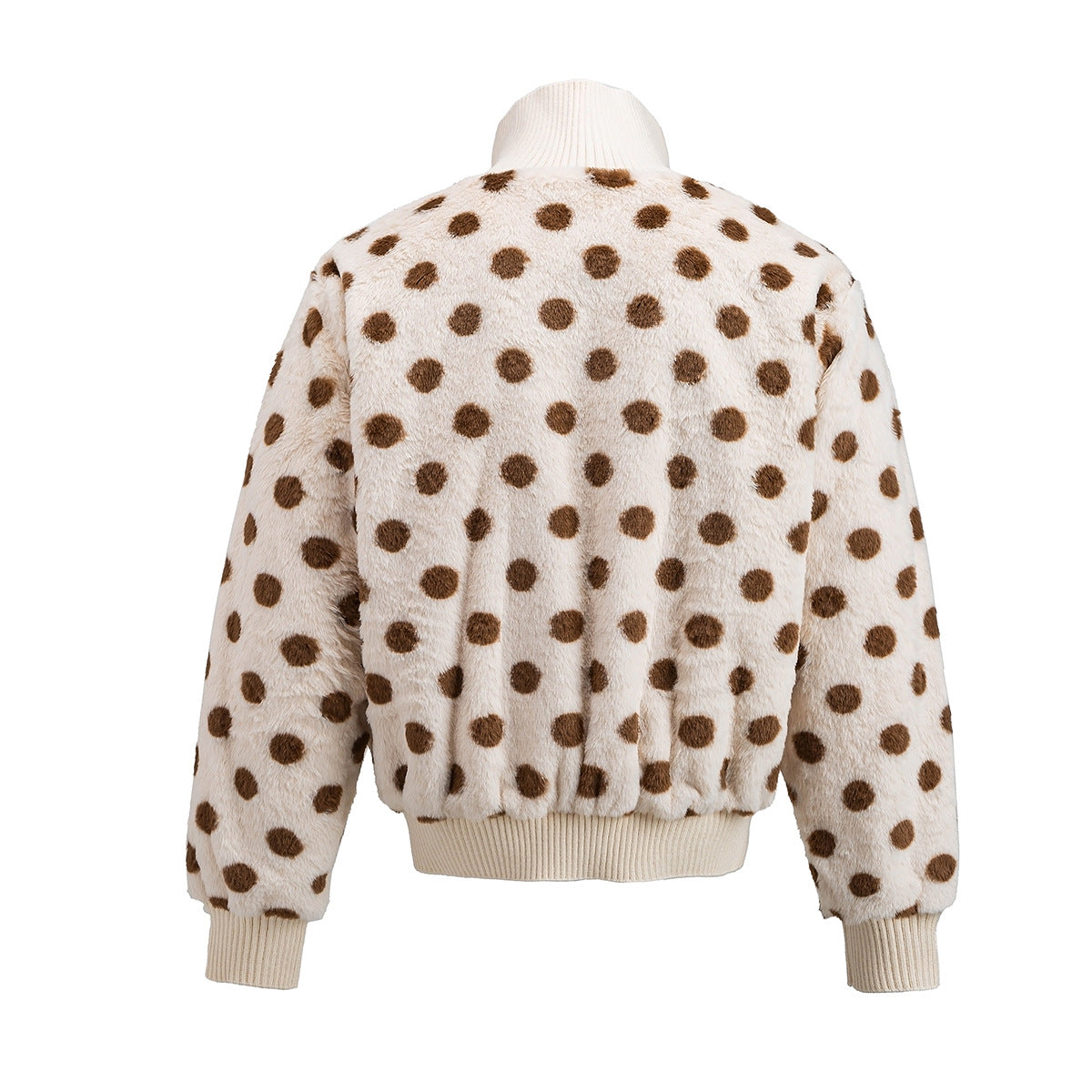 Back view of a cream faux shearling bomber jacket covered in brown polka dots