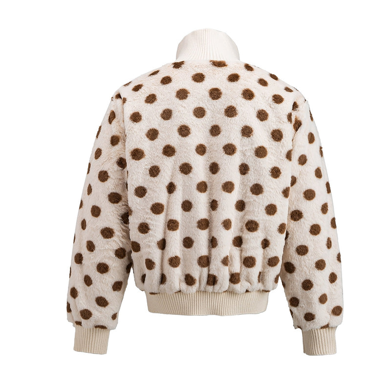 Back view of a cream faux shearling bomber jacket covered in brown polka dots
