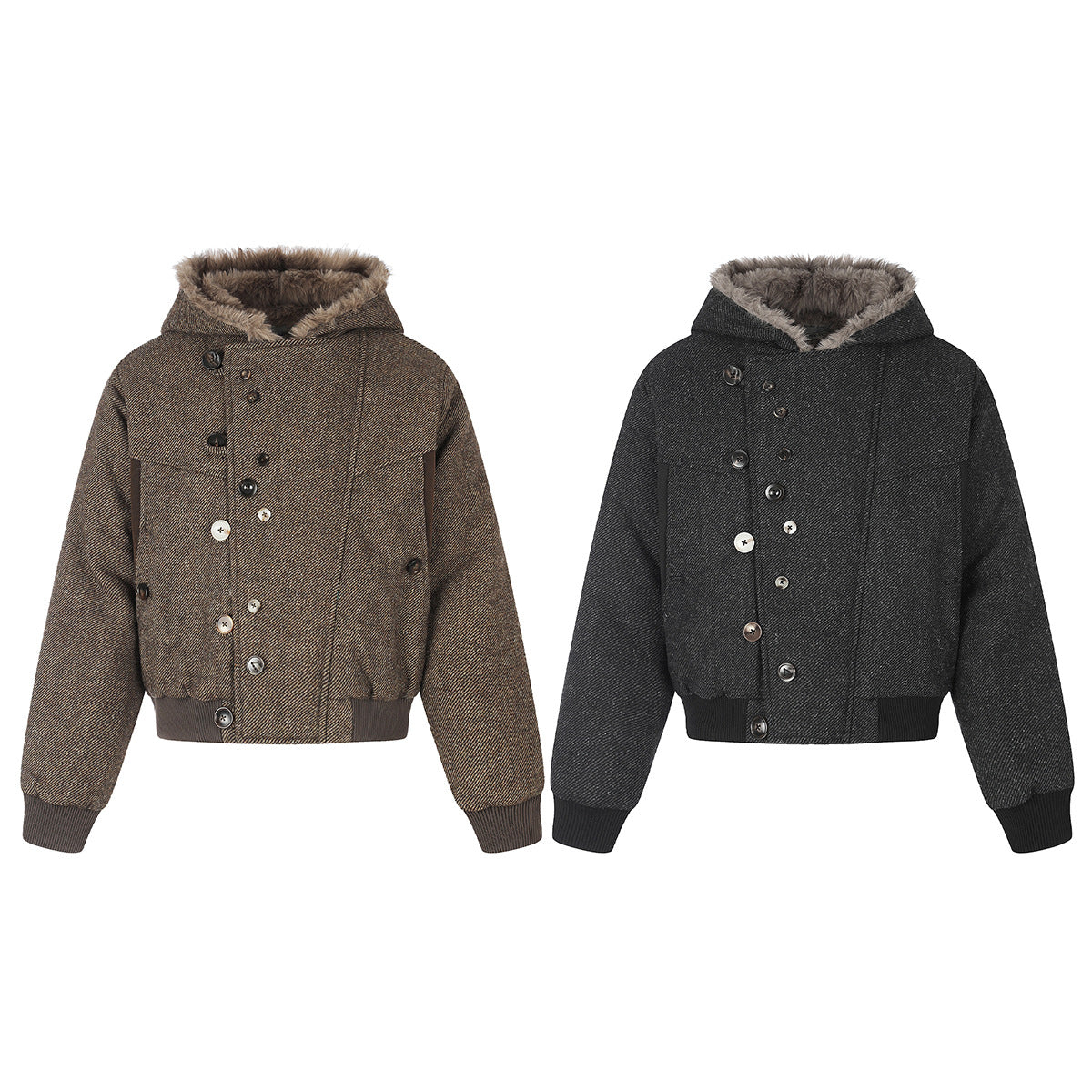 Hooded Bomber Jacket with Faux Fur Trim & Double-Button Front