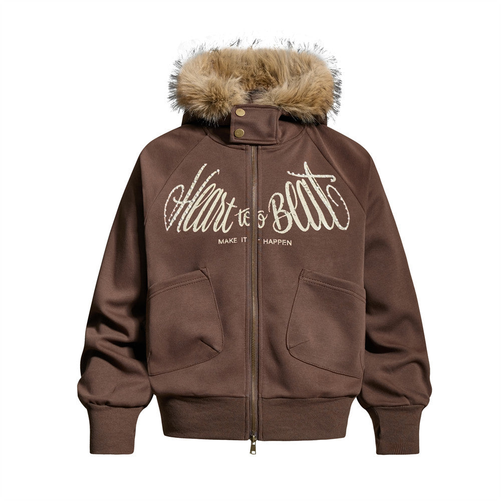 Oversized zip-up hoodie jacket with faux-fur trim hood and distressed script graphic in chocolate brown