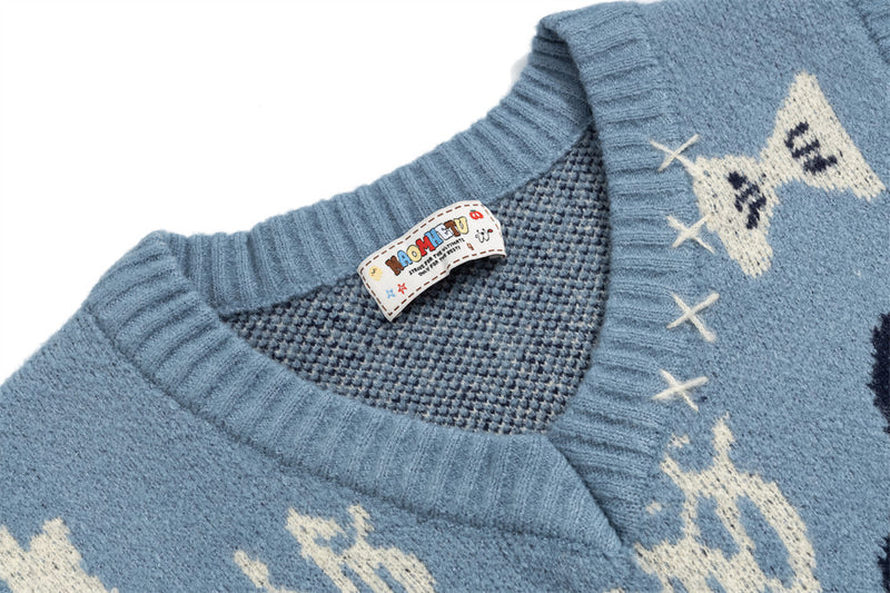 Pull col V homme en maille jacquard cartoon – Gilet oversize sans manches