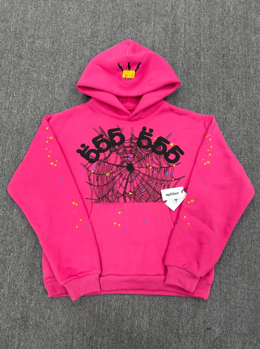 Sp5der 555 Pink Hoodie Streetwear Web Graphic Cotton – Seakoff