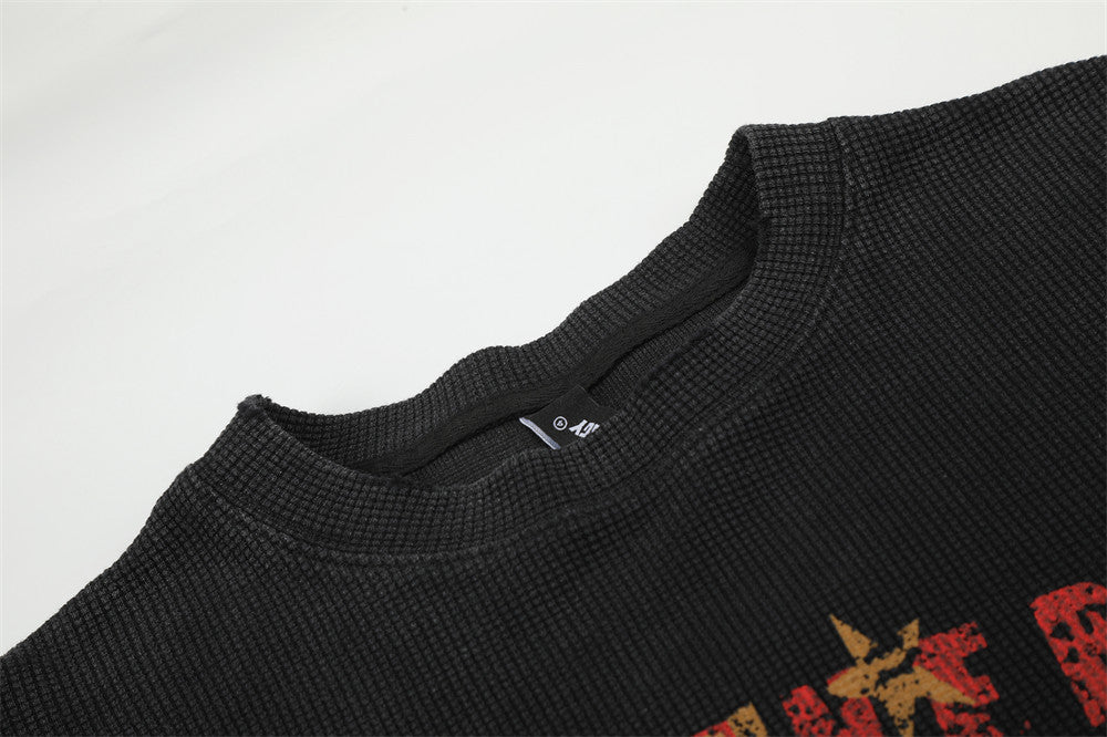 Long Sleeve Waffle Knit Graphic Tee – US & UK Flag Rock Print