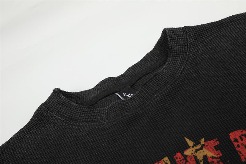 Long Sleeve Waffle Knit Graphic Tee – US & UK Flag Rock Print