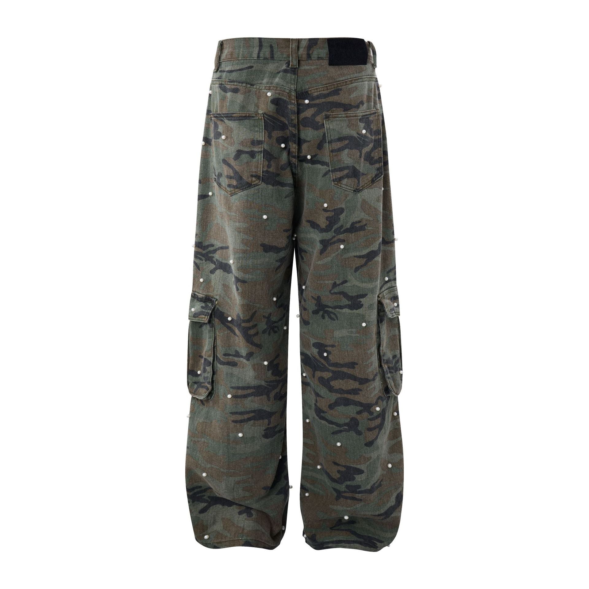 Camo Pearl Stud Cargo Pants – Wide-Leg Washed Denim Camouflage Trousers