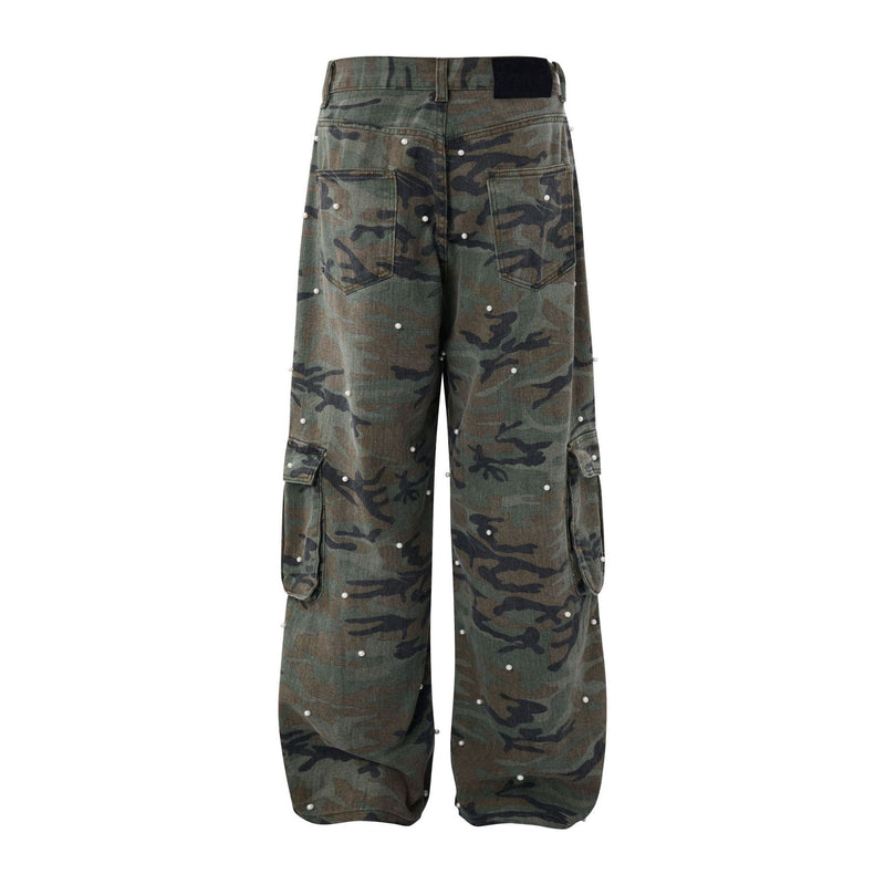 Camo Pearl Stud Cargo Pants – Wide-Leg Washed Denim Camouflage Trousers