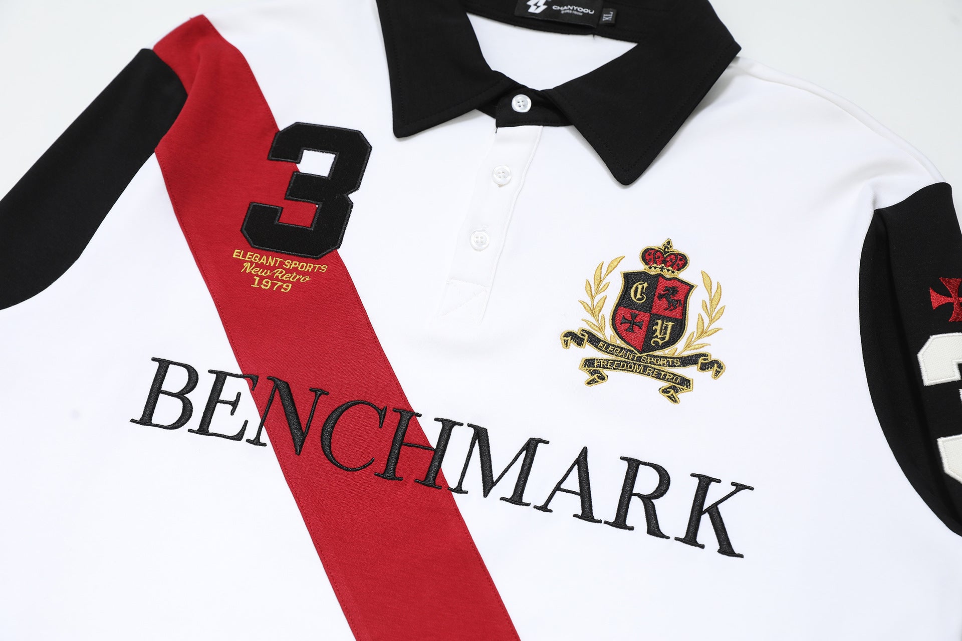 Benchmark Long-Sleeve Rugby Polo Shirt – Colorblock Diagonal Stripe & Crest
