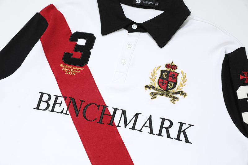 Benchmark Long-Sleeve Rugby Polo Shirt – Colorblock Diagonal Stripe & Crest