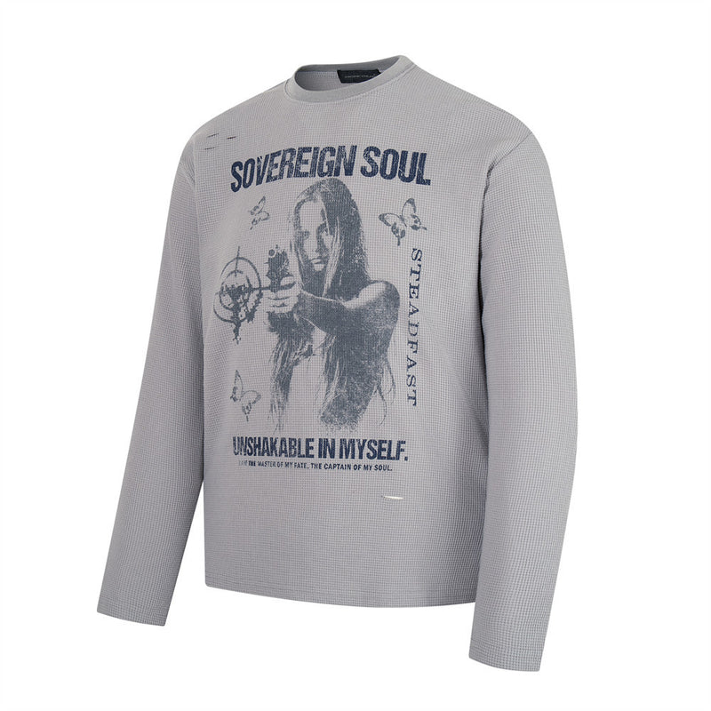 Waffle Knit Graphic Long Sleeve T-Shirt – Sovereign Soul Print, Relaxed Fit