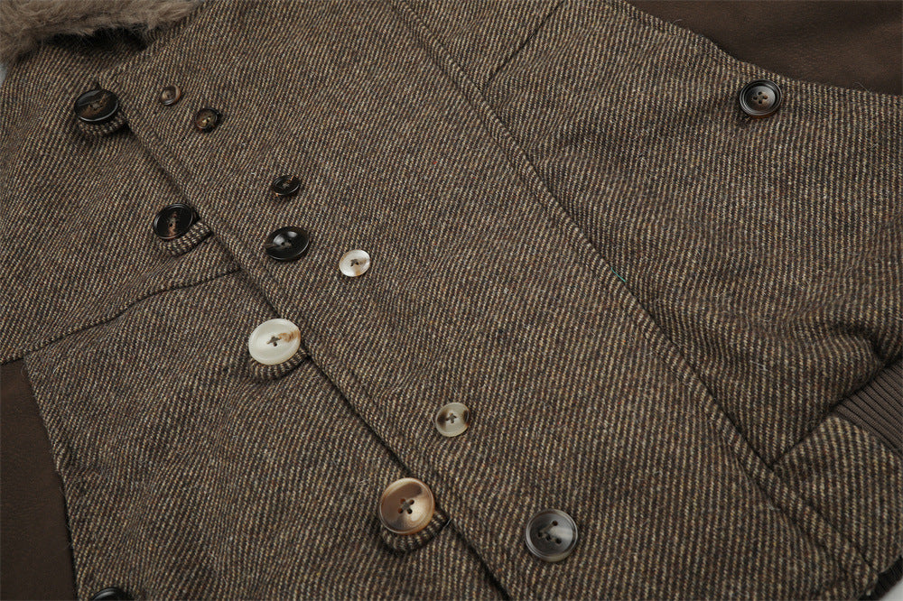 Fur-Trim Hooded Wool-Blend Bomber Jacket with Asymmetric Button Placket