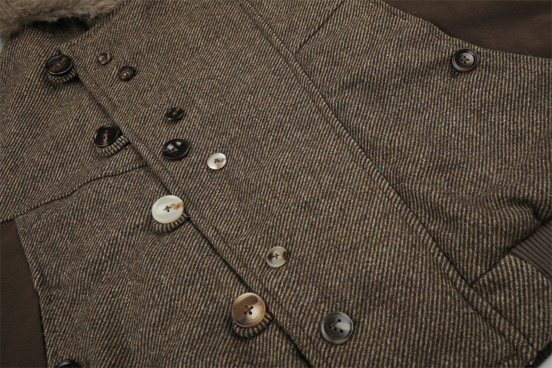 Fur-Trim Hooded Wool-Blend Bomber Jacket with Asymmetric Button Placket
